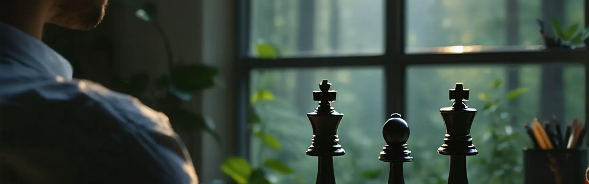 A man contemplates a chessboard. Silhouetted against a window showing a sunlit forest, the board displays black pieces in focus. The warm light and natural backdrop create a thoughtful, contemplative atmosphere.