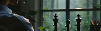 A man contemplates a chessboard. Silhouetted against a window showing a sunlit forest, the board displays black pieces in focus. The warm light and natural backdrop create a thoughtful, contemplative atmosphere.
