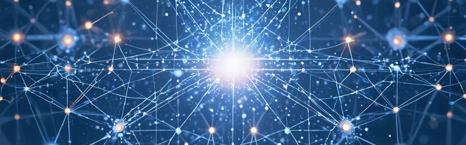 Das Bild zeigt ein abstraktes, blaues Netzwerk aus Linien und leuchtenden Punkten, das von einem zentralen Lichtpunkt auszugehen scheint. Es vermittelt ein Gefühl von Konnektivität und Technologie.