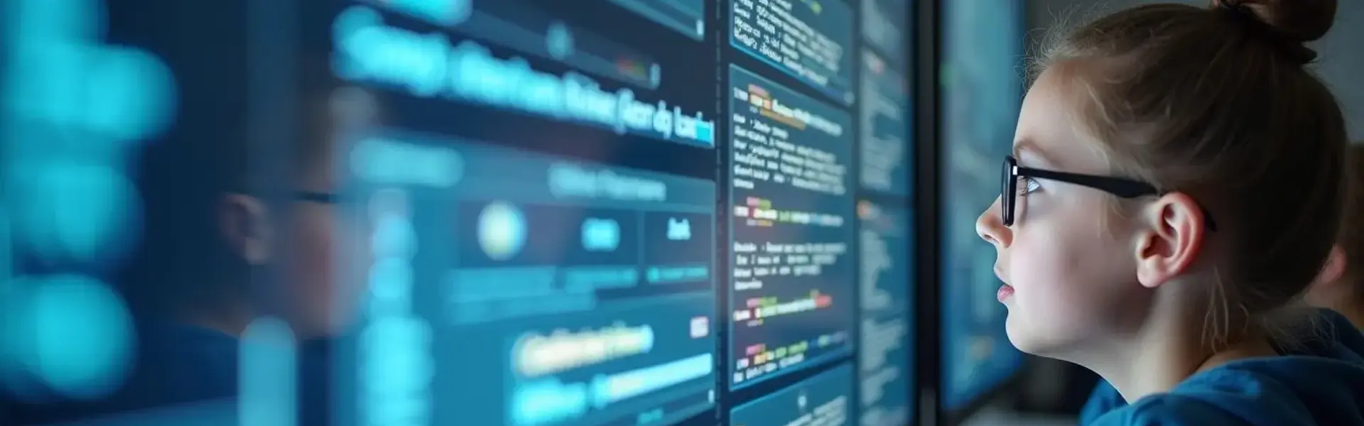 Ein Mädchen mit Brille betrachtet konzentriert mehrere Bildschirme mit Codezeilen. Die Komposition ist seitlich ausgerichtet, das Mädchen im Vordergrund, die Monitore im Hintergrund. Die bläuliche Beleuchtung erzeugt eine technisch-kühle Atmosphäre. Auffällig ist der Kontrast zwischen dem jungen Alter des Mädchens und der komplexen Technologie.  Das Bild suggeriert  frühe Auseinandersetzung mit Programmierung und die zunehmende Digitalisierung der Kindheit.
