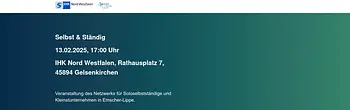 Das Bild ist eine Ankündigung für eine Veranstaltung des Netzwerks für Soloselbstständige und Kleinstunternehmen in Emscher-Lippe, am 13.02.2025, 17 Uhr, in Gelsenkirchen. Der Hintergrund ist ein Farbverlauf von Dunkel- zu Hellgrün.